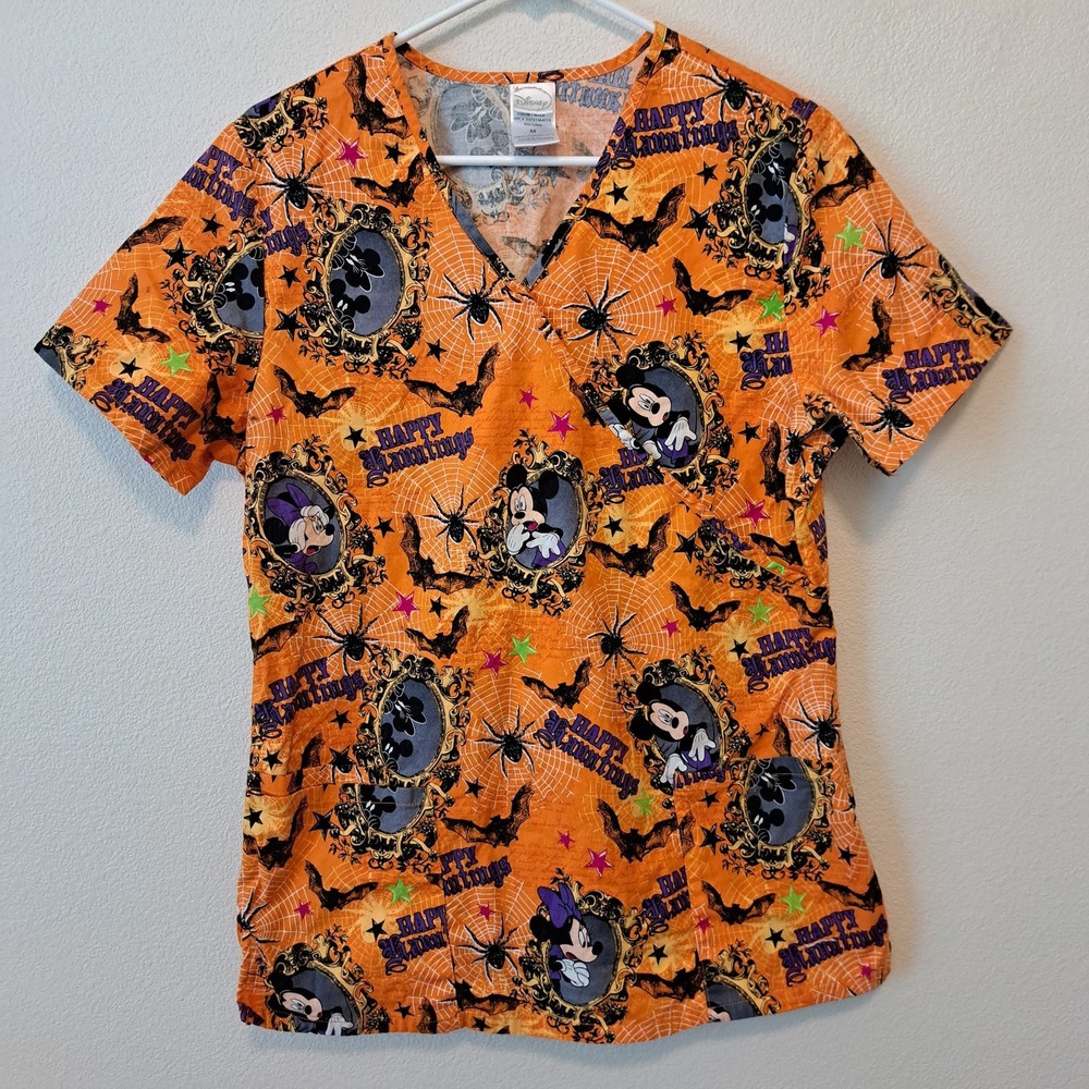 Disney Happy Hauntings Halloween Mickey Minnie Scrub Top Orange V-Neck Medium
